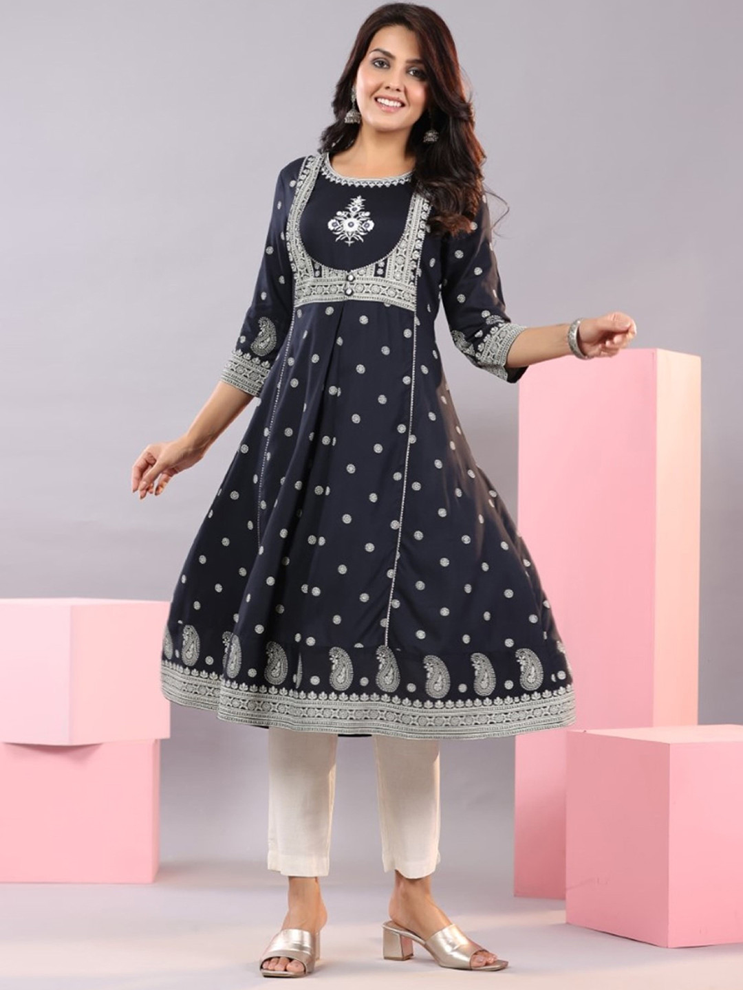 

Juniper Ethnic Motifs Printed A-Line Kurta, Blue