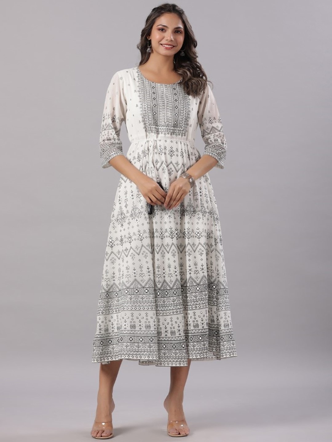

Juniper Ethnic Motifs Printed Tie-Ups Georgette Fit & Flared Midi Dress, Off white