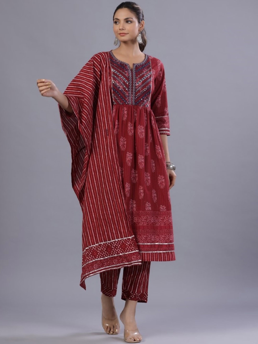 

Juniper Floral Printed Pleated Thread Work Pure Cotton Kurta With Trousers & Dupatta, Maroon