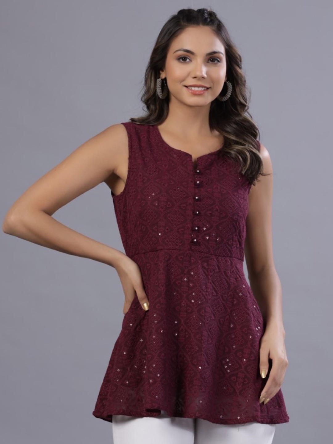 

Juniper Ethnic Motifs Embroidered Sequinned A-Line Tunic, Burgundy
