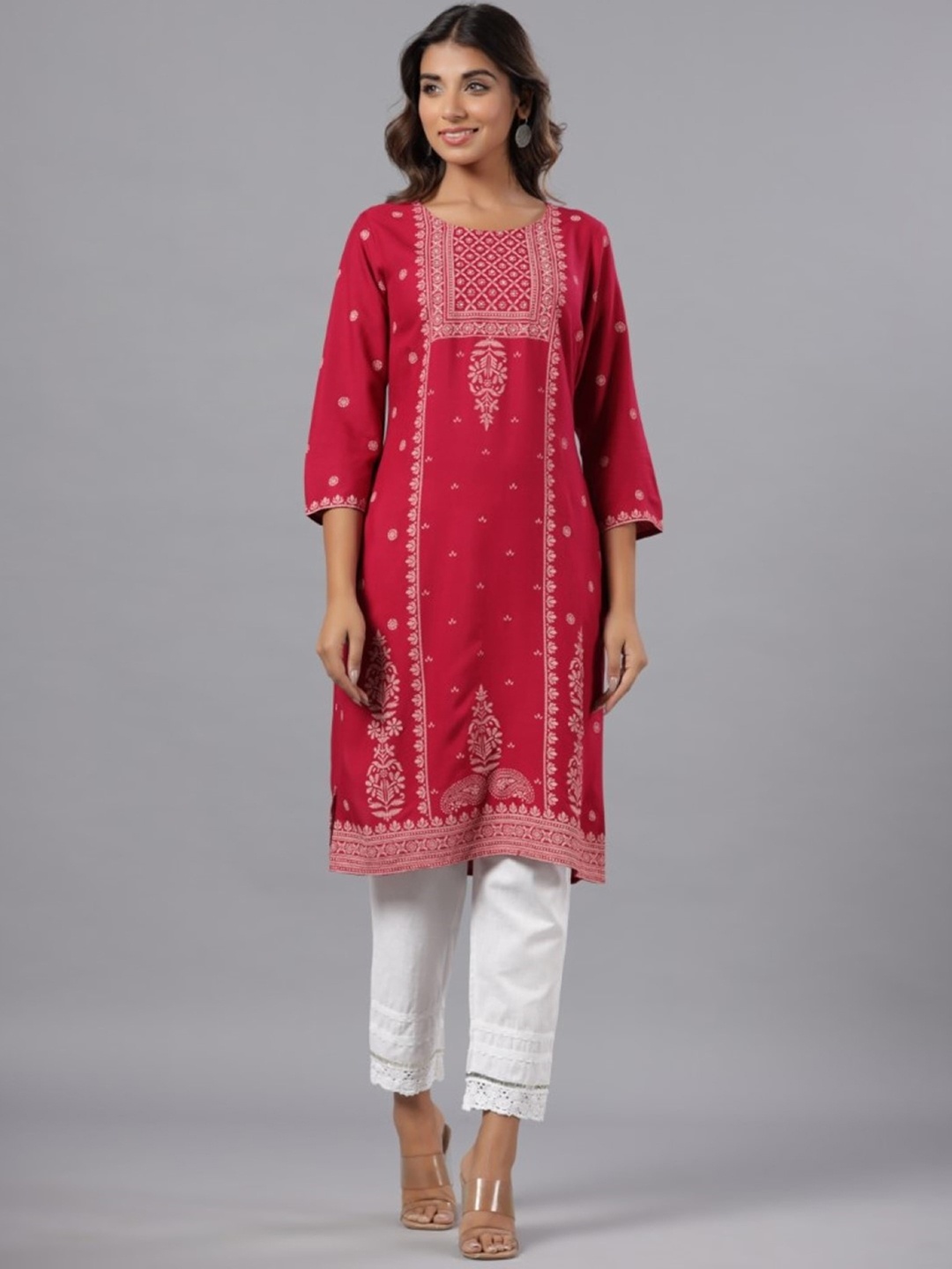 

Juniper Ethnic Motifs Screen Printed Straight Kurta, Fuchsia