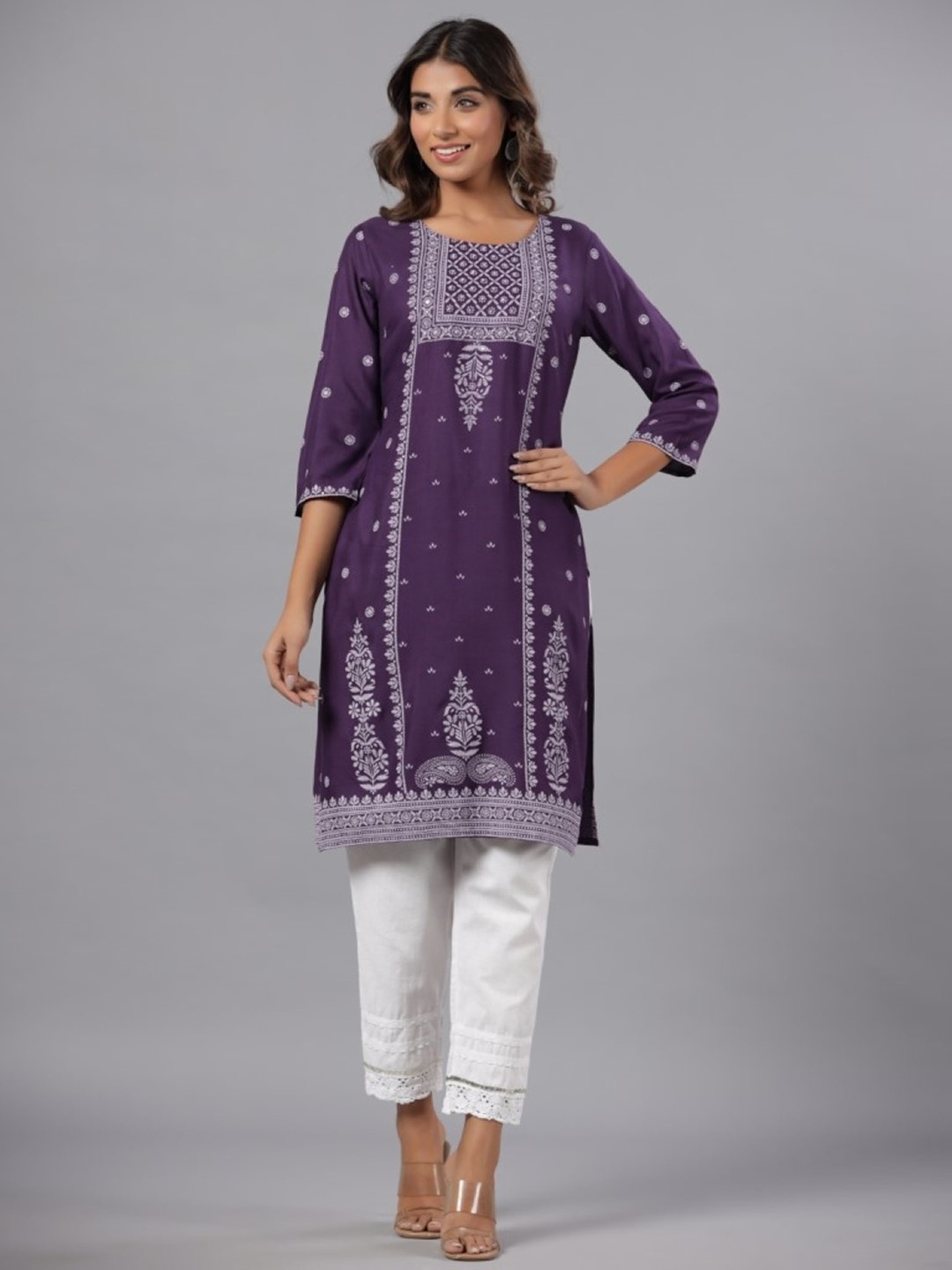 

Juniper Ethnic Motifs Screen Printed Straight Kurta, Purple