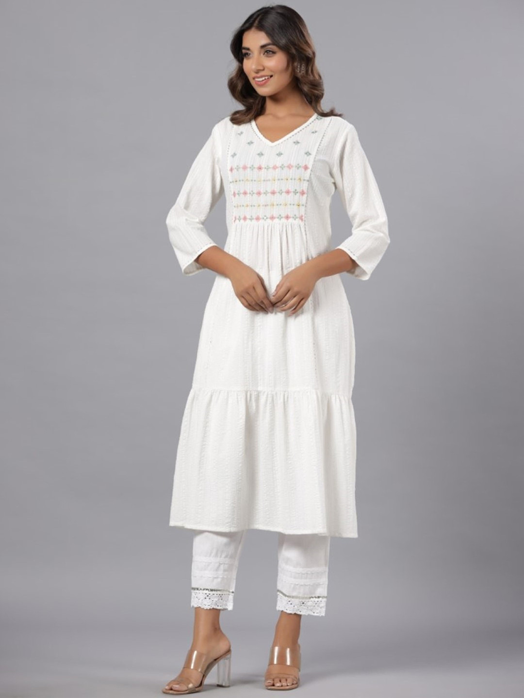 

Juniper Thread Work Tiered Pure Cotton Anarkali Kurta, White