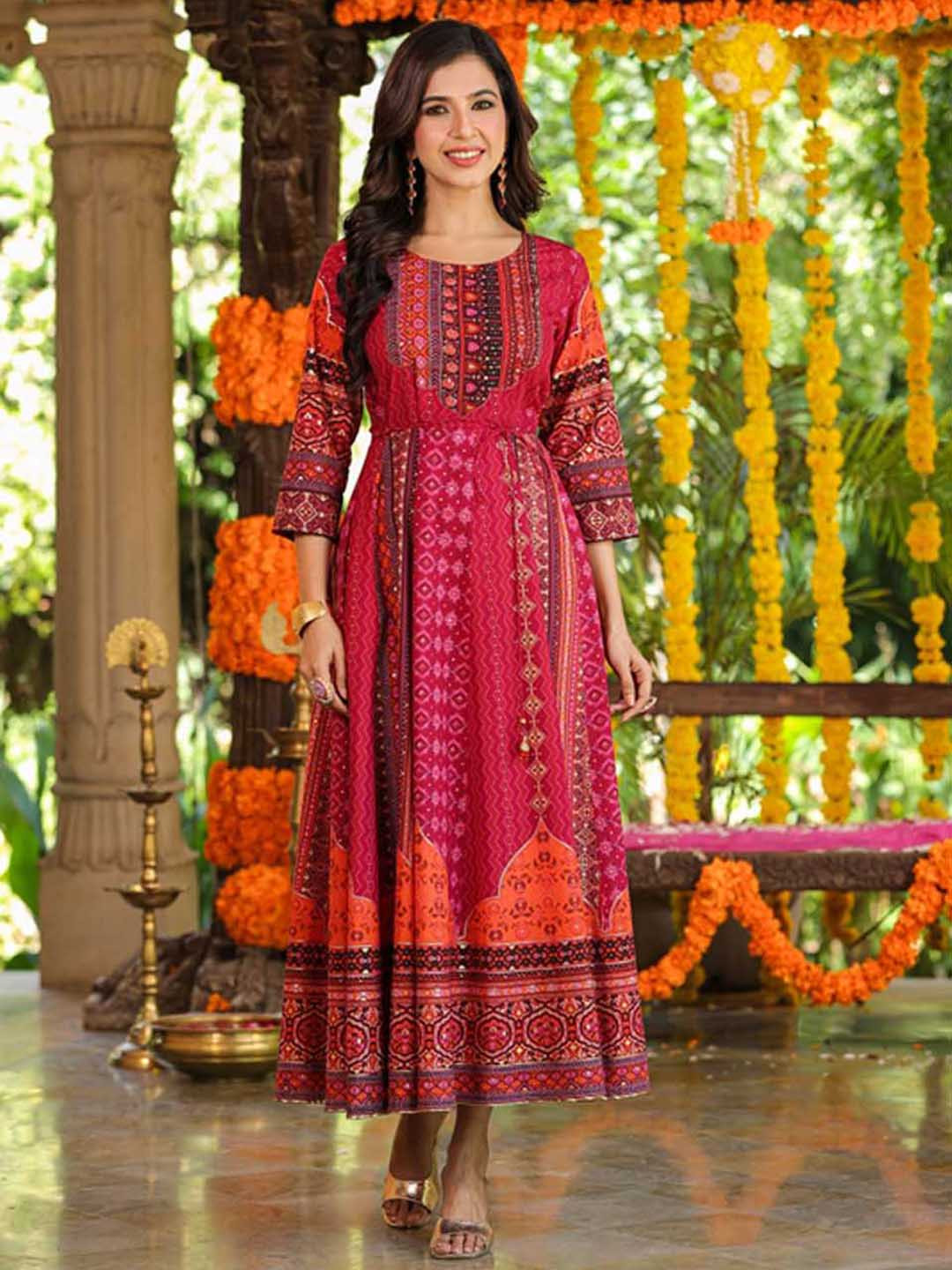 

Juniper Ethnic Motifs Printed Sequinned Silk Fit & Flared Maxi Dress, Red