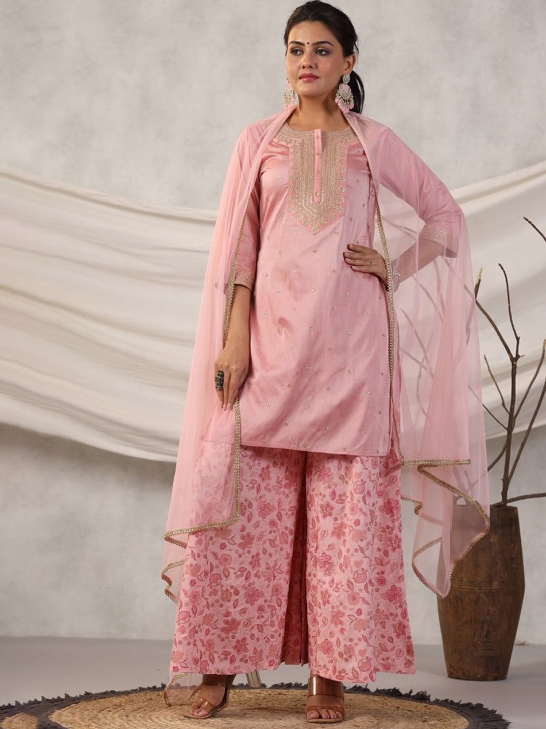 

Juniper Peach-Coloured Floral Embroidered Sequined Kurta with Palazzos & Dupatta