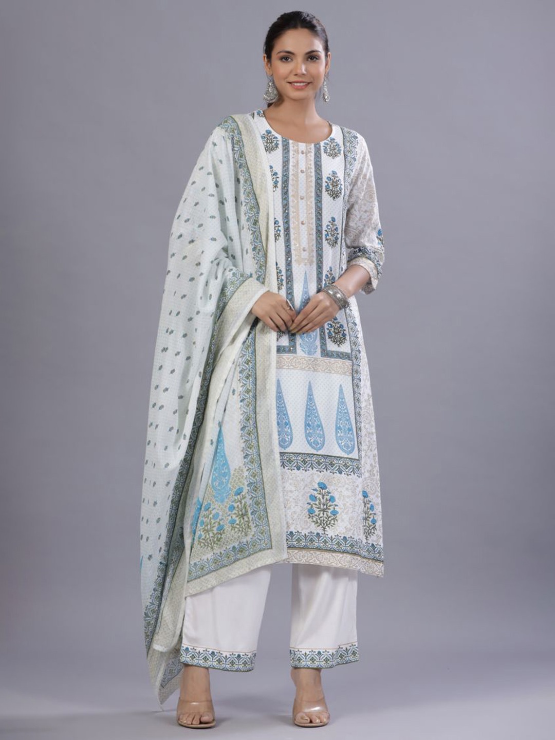 

Juniper Ethnic Motifs Printed Regular Kurta with Trousers & With Dupatta, Blue