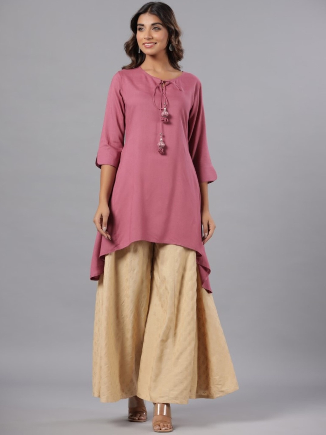 

Juniper Tie-Up Neck Puff Sleeves A-Line Kurta, Fuchsia