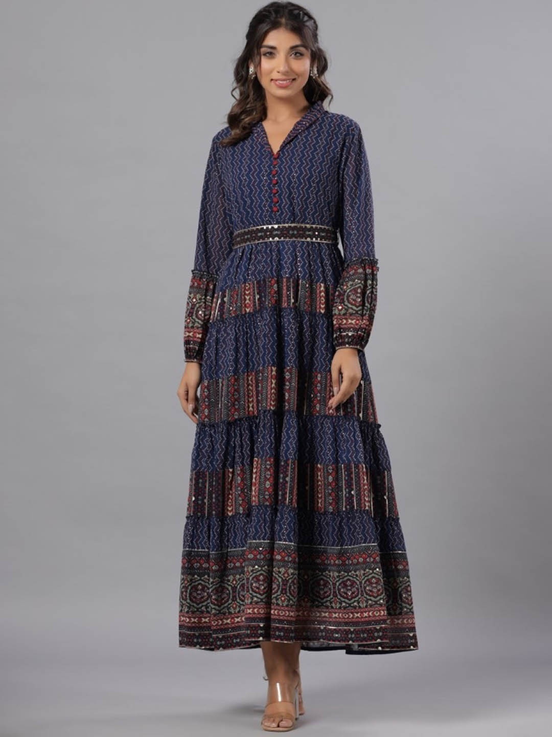 

Juniper Ethnic Motifs Printed Georgette A-Line Ethnic Maxi Dress With Belt, Navy blue