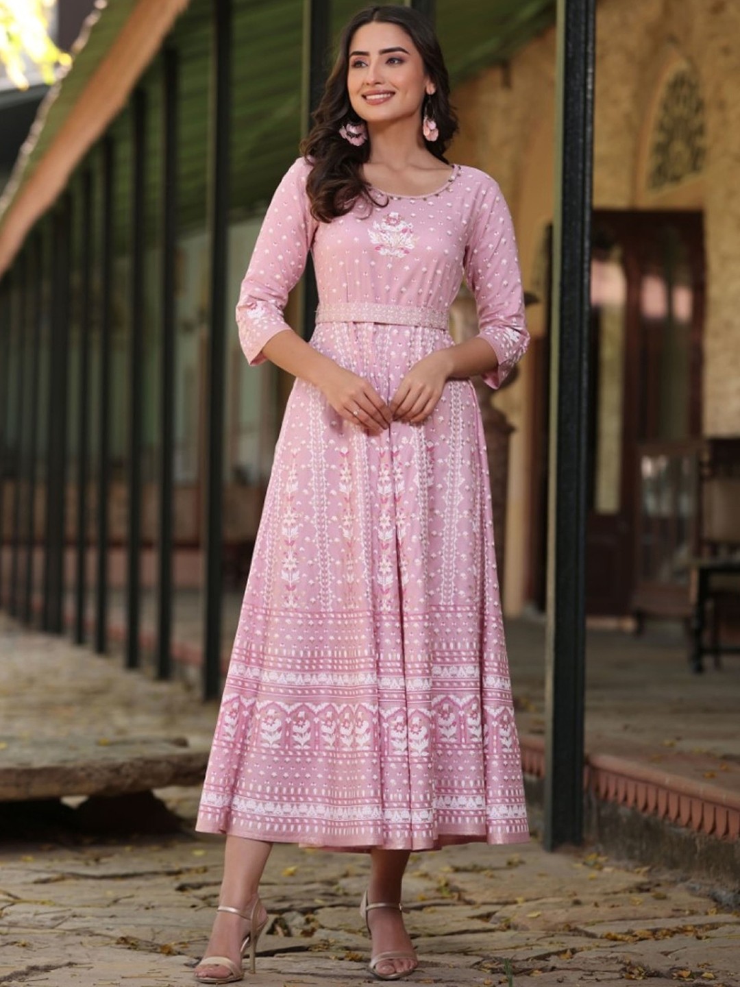 

Juniper Floral Printed Sequinned Fit & Flared Maxi Dress, Pink