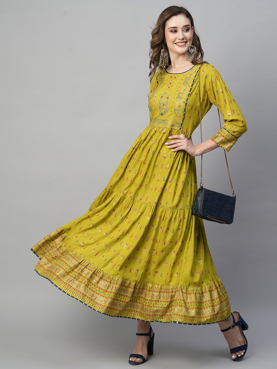 

Kiana House Of Fashion Ethnic Motifs Printed Round Neck Gathered Detailed Maxi Dress, Yellow