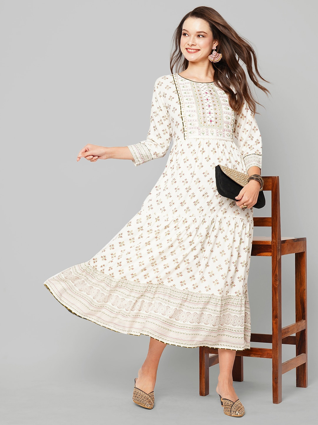 

Kiana House Of Fashion Ethnic Motifs Printed Round Neck Gathered Detailed Maxi Dress, White