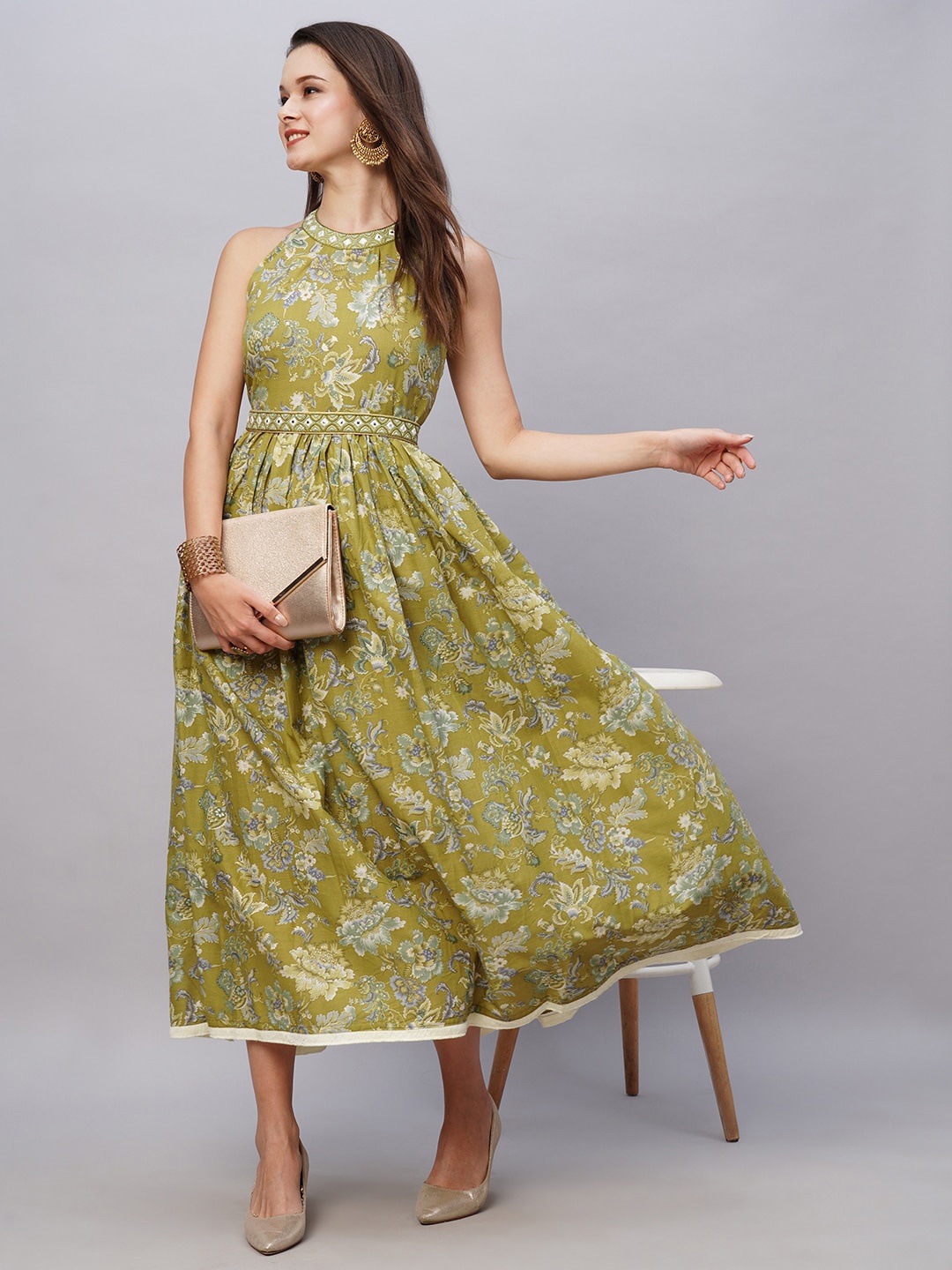 

Kiana House Of Fashion Floral Printed Halter Neck Embroidered Detailed Cotton Fit & Flare Midi Dress, Green