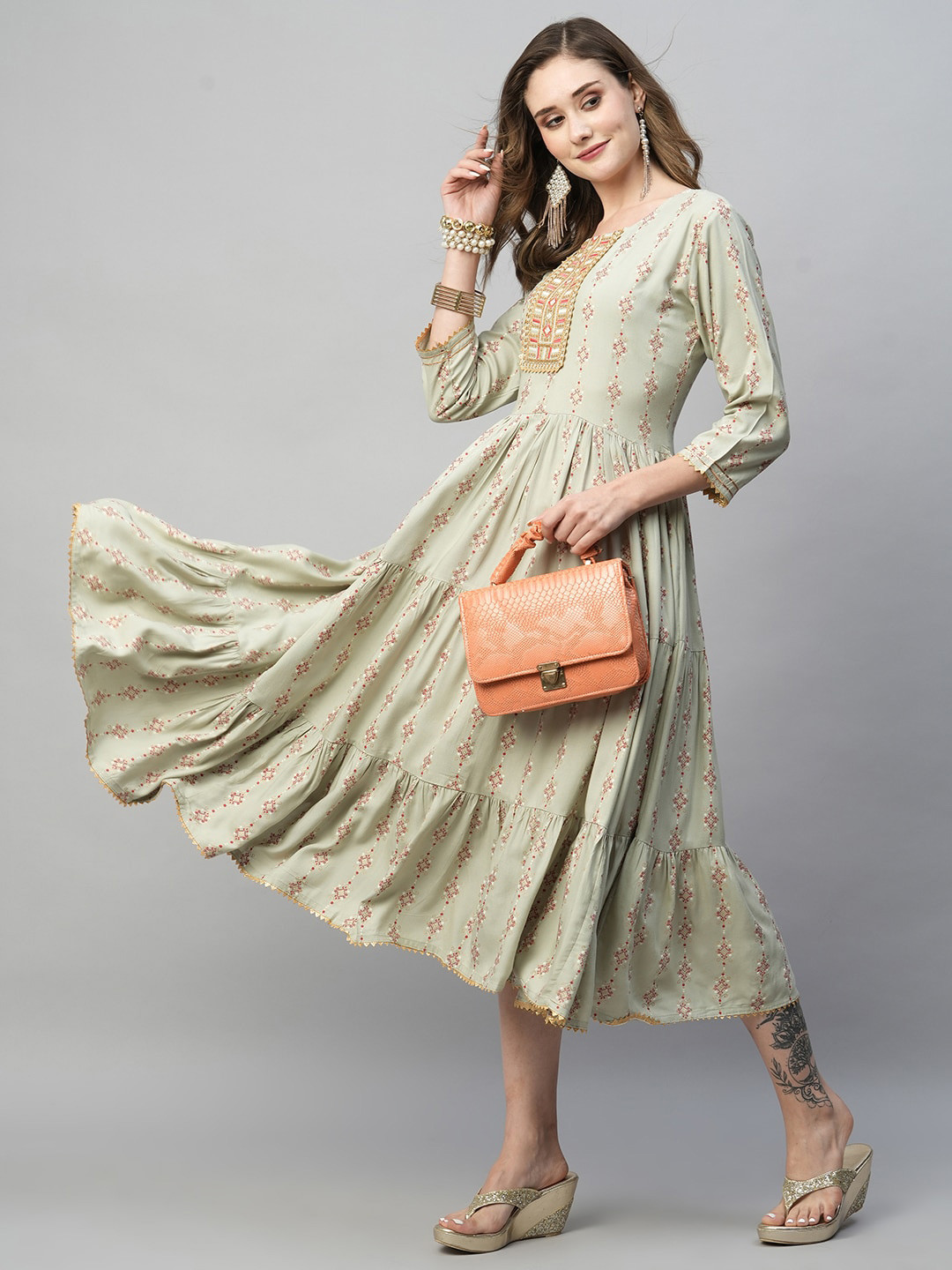 

Kiana Ethnic Motifs Printed Round Neck Embroidered Detailed Maxi A-Line Dress, Grey