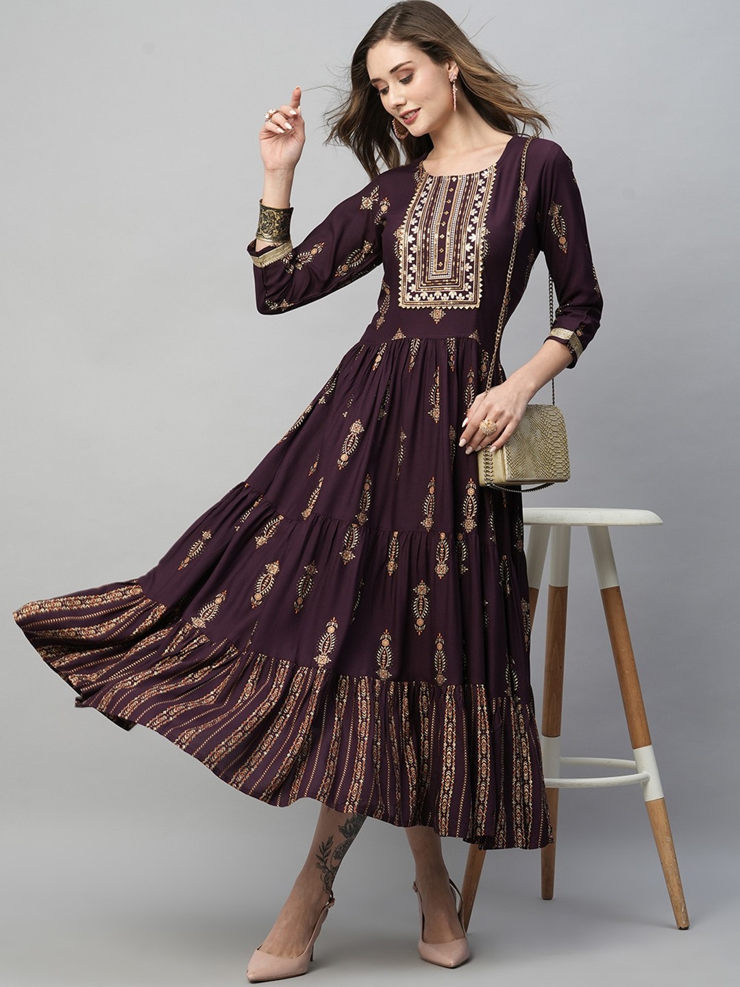 

Kiana Maroon Ethnic Motifs Printed Maxi Ethnic Dress
