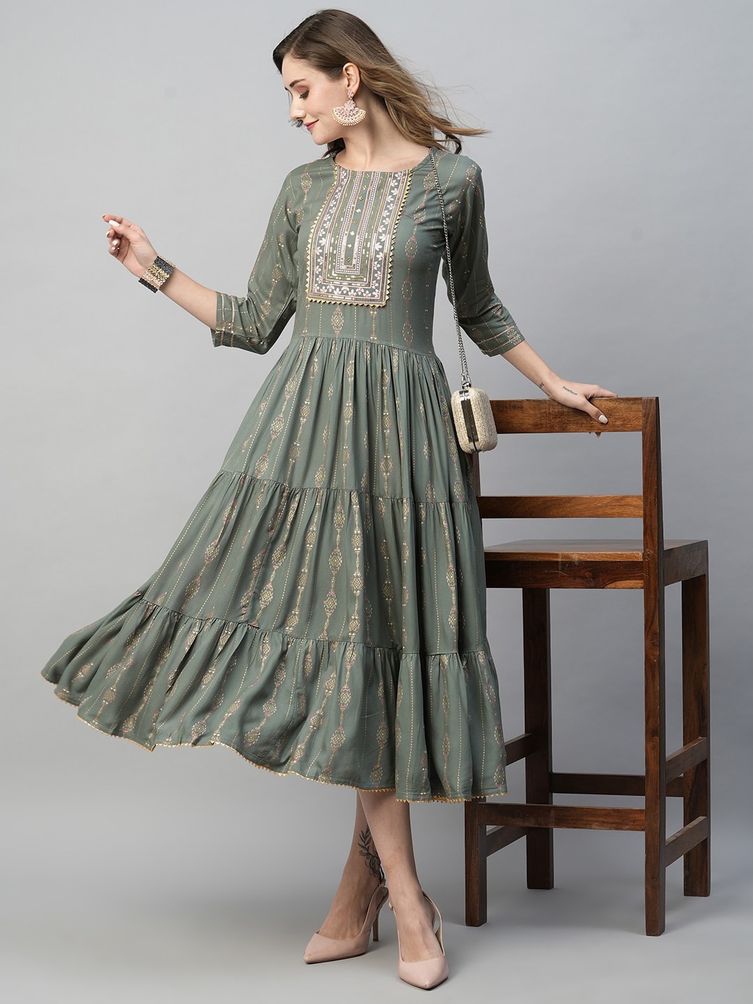 

Kiana Ethnic Motifs Printed Round Neck Sequined Detailed Maxi A-Line Dress, Green