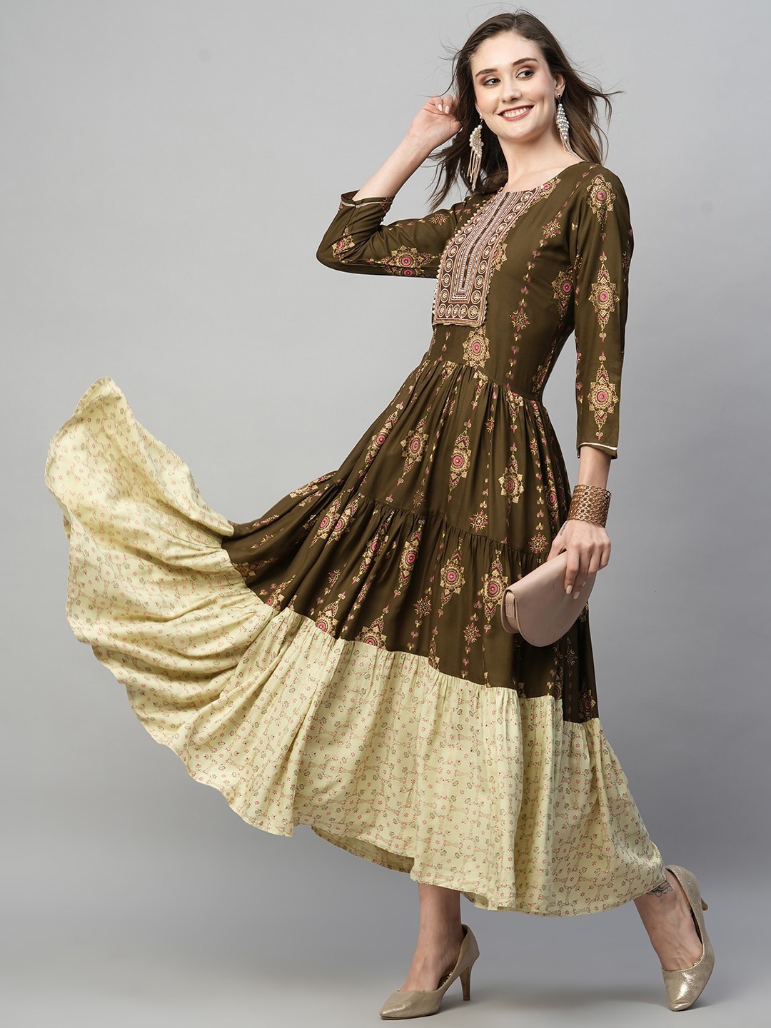 

Kiana Ethnic Motifs Printed Round Neck Embroidered Detailed Fit & Flare Midi Dress, Brown