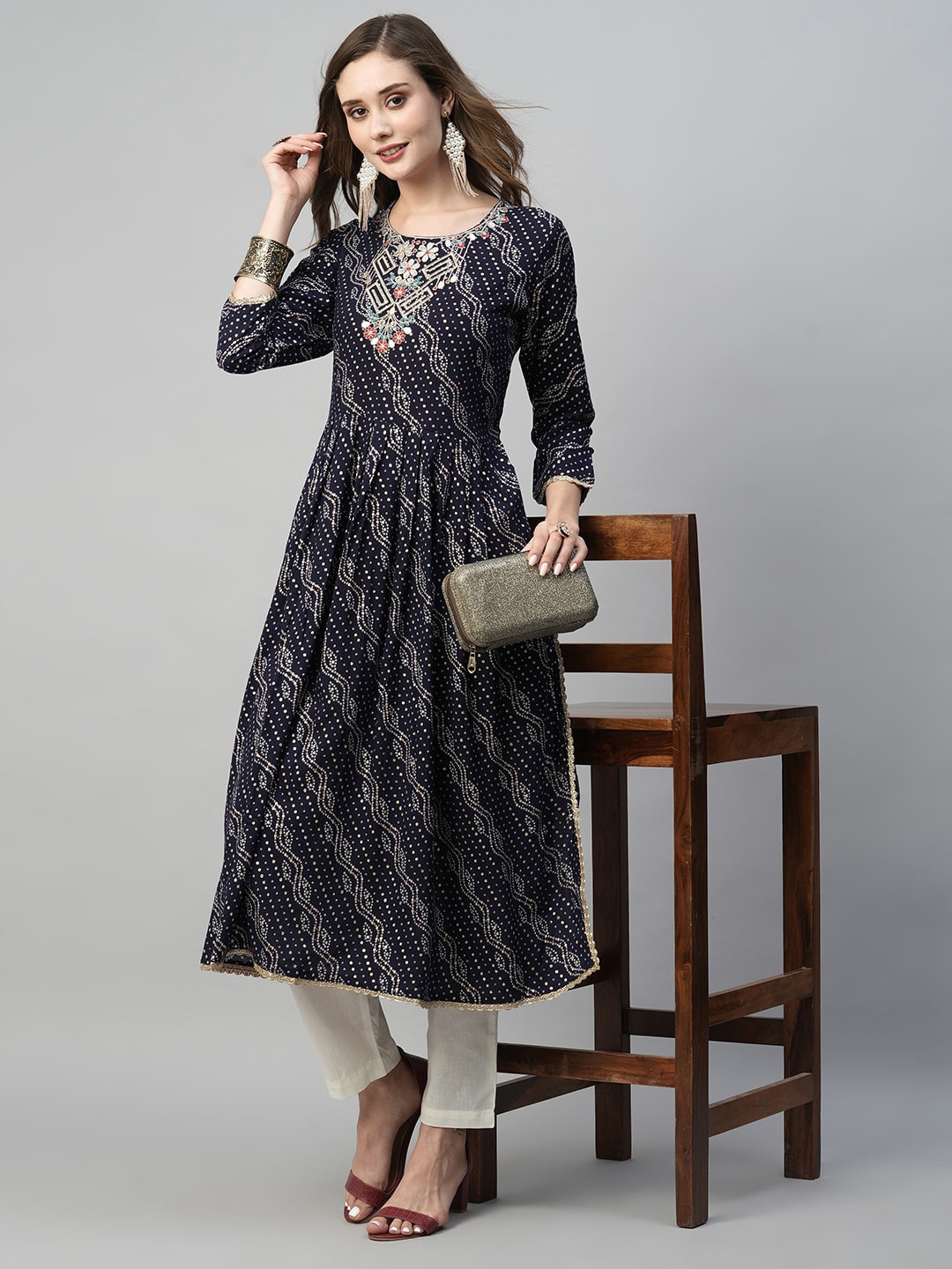 

Kiana Bandhani Ethnic Motifs Printed Round Neck Gathered A-Line Midi Dress, Blue