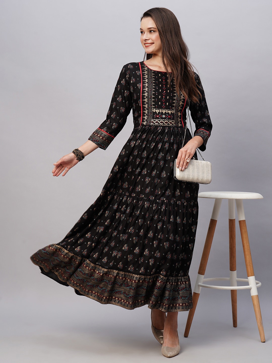 

Kiana House Of Fashion Ethnic Motifs Printed Round Neck Gathered Detailed Maxi Dress, Black