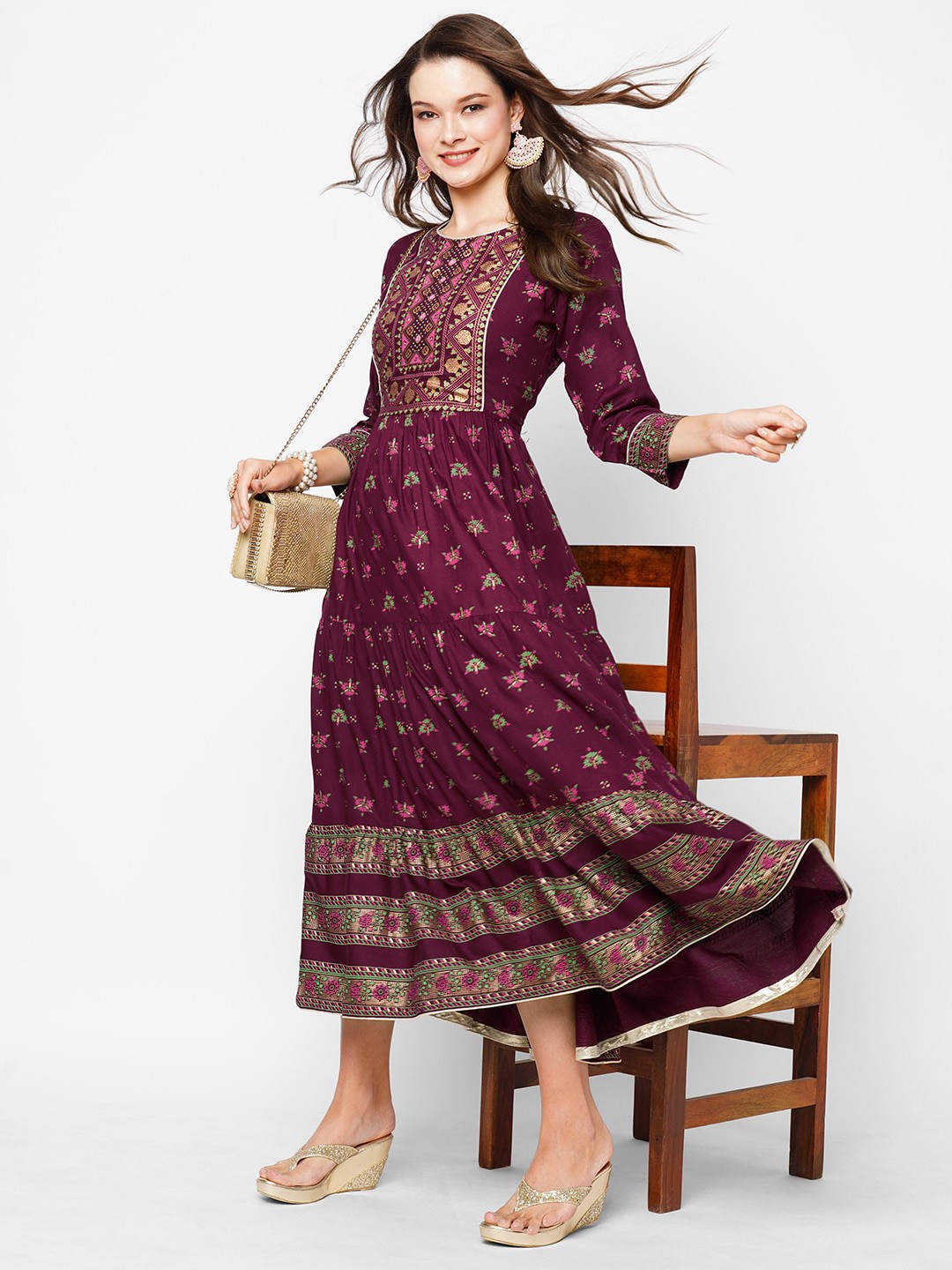 

Kiana House Of Fashion Ethnic Motifs Printed A-Line Ethnic Dress, Maroon
