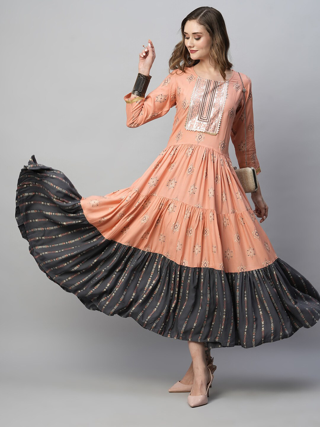 

Kiana Ethnic Motifs Printed Round Neck Sequined Detailed Maxi Dress, Peach