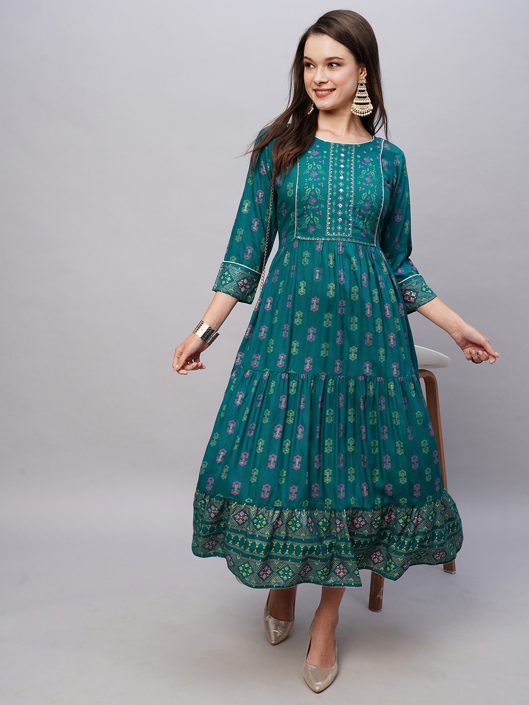 

Kiana House Of Fashion Floral Embroidered Round Neck Gathered Fit & Flare Dress, Blue