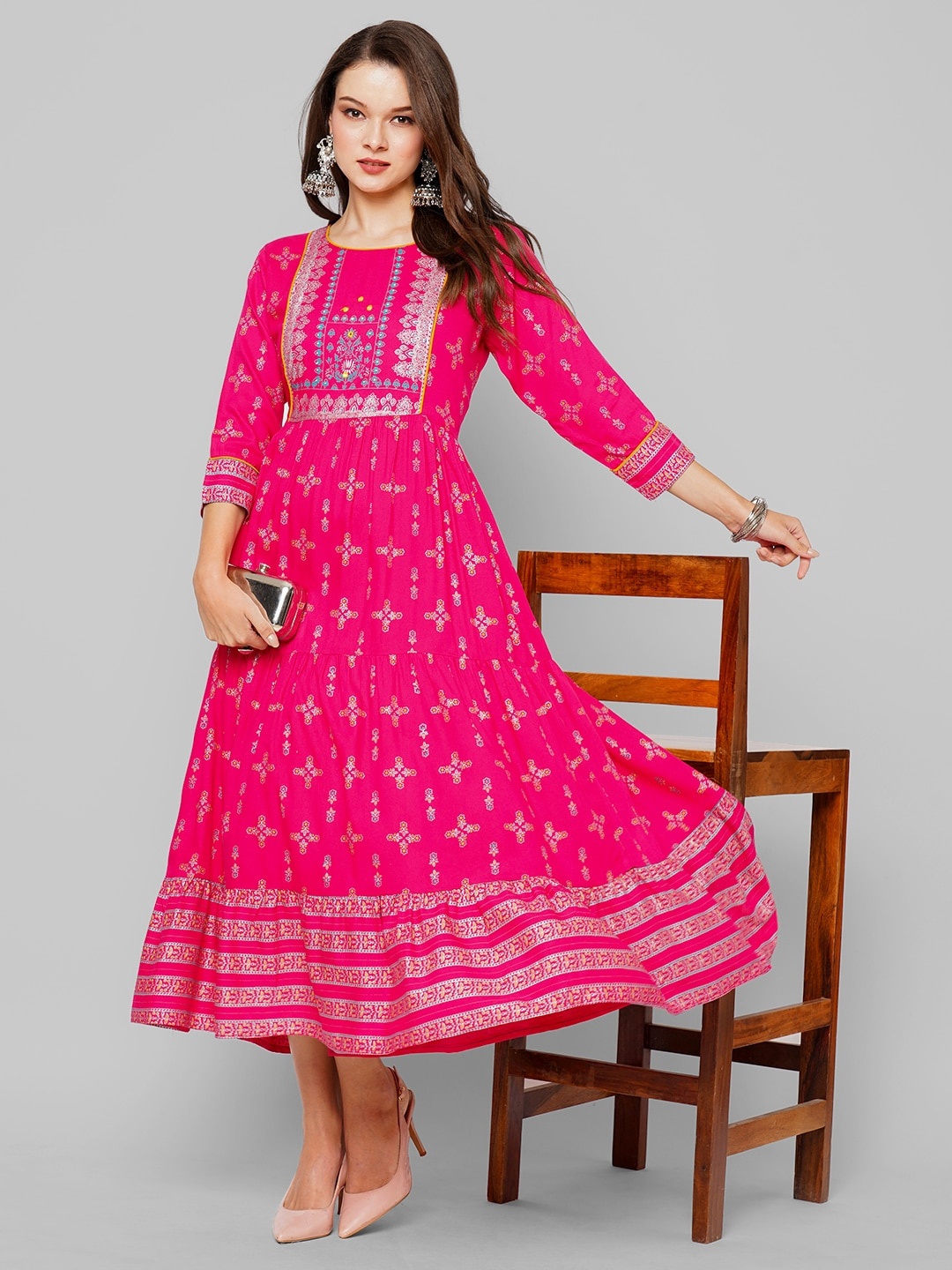 

Kiana House Of Fashion Ethnic Motifs Embroidered Round Neck Gathered Fit & Flare Dress, Pink