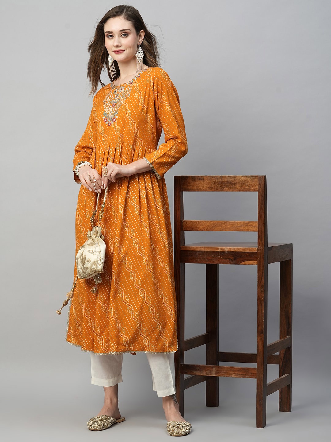 

Kiana Bandhani Ethnic Motifs Embroidered Round Neck Fit & Flare Midi Dress, Orange