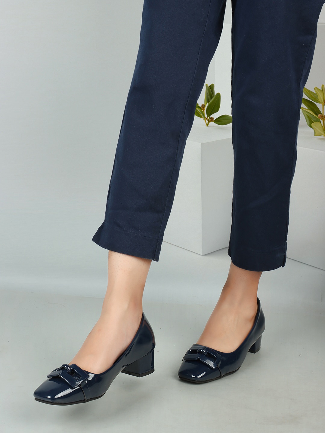 

ELLE Buckled Block Heel Pumps, Navy blue