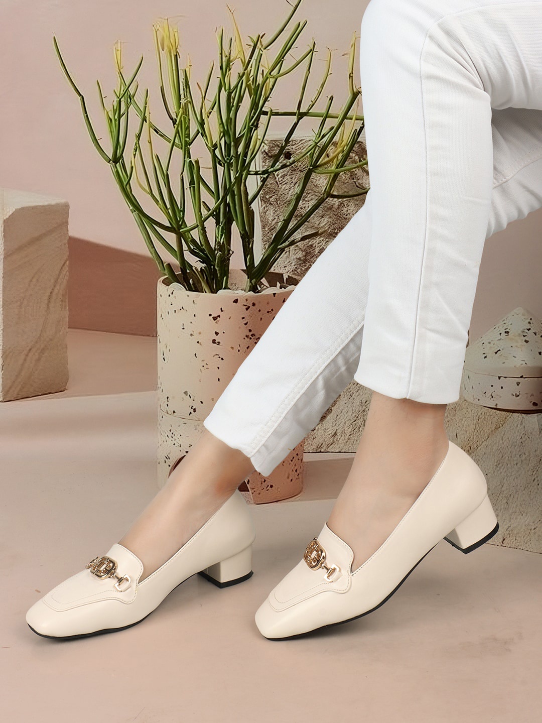 

ELLE Embellished Square Toe Party Block Pumps, Cream