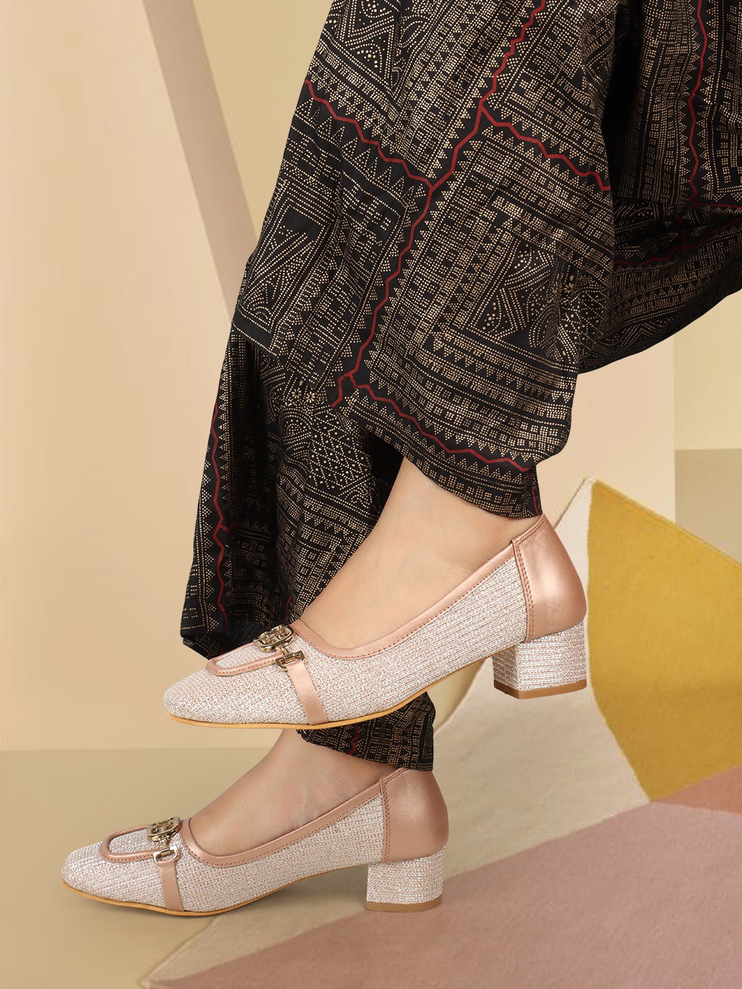 

ELLE Embellished Square Toe Party Block Pumps, Rose gold