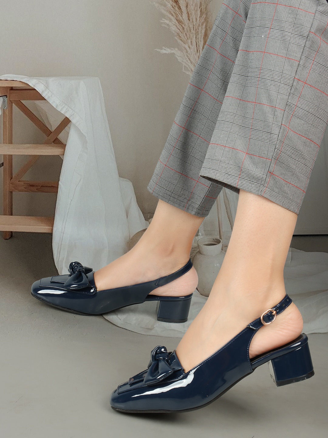 

ELLE Square Toe Block Mules With Backstrap & Bow Detail, Navy blue