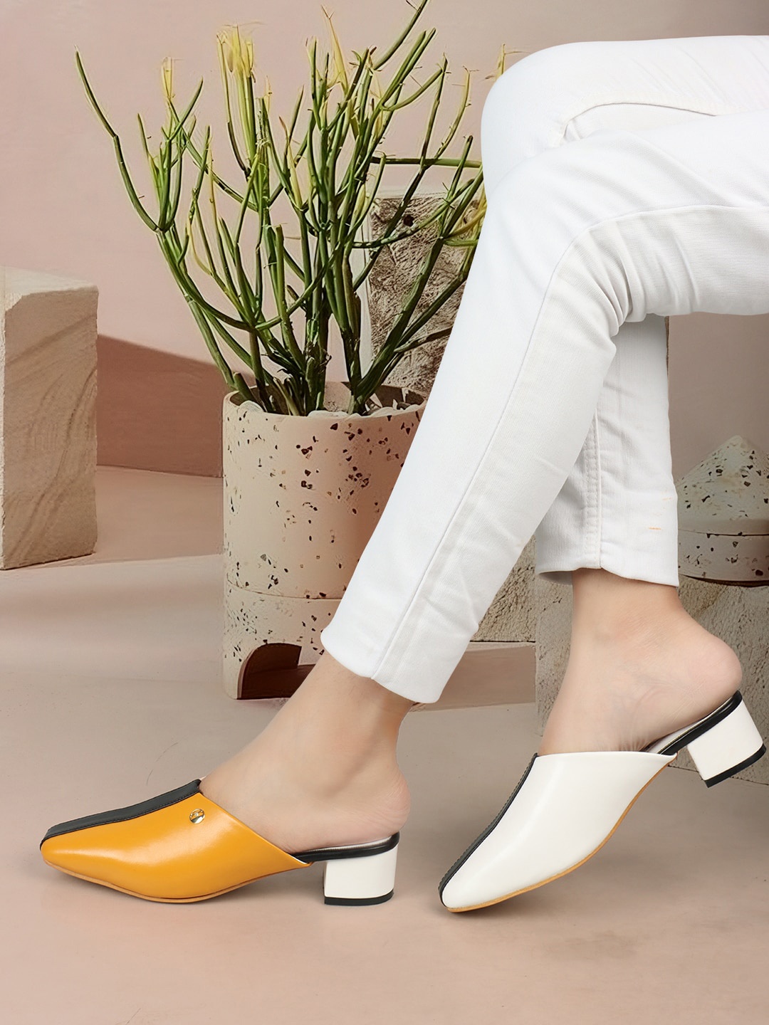 

ELLE Square Toe Colourblocked Block Mules, Mustard