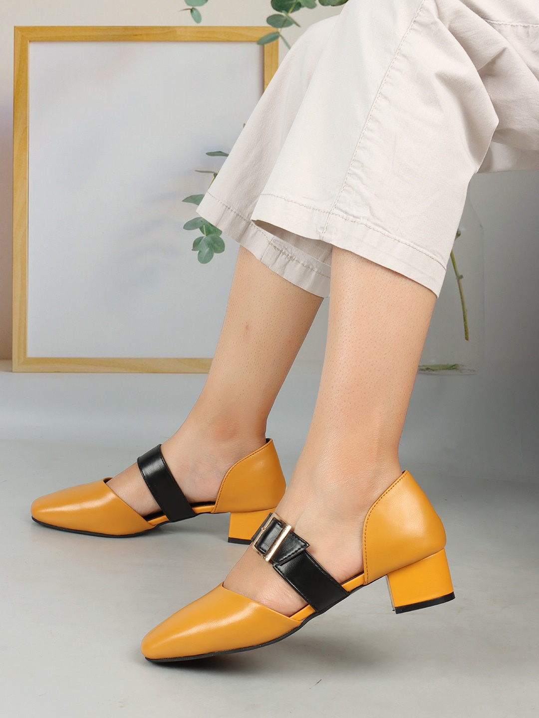 

ELLE Square Toe Block Mary Janes With Buckle Detail, Mustard