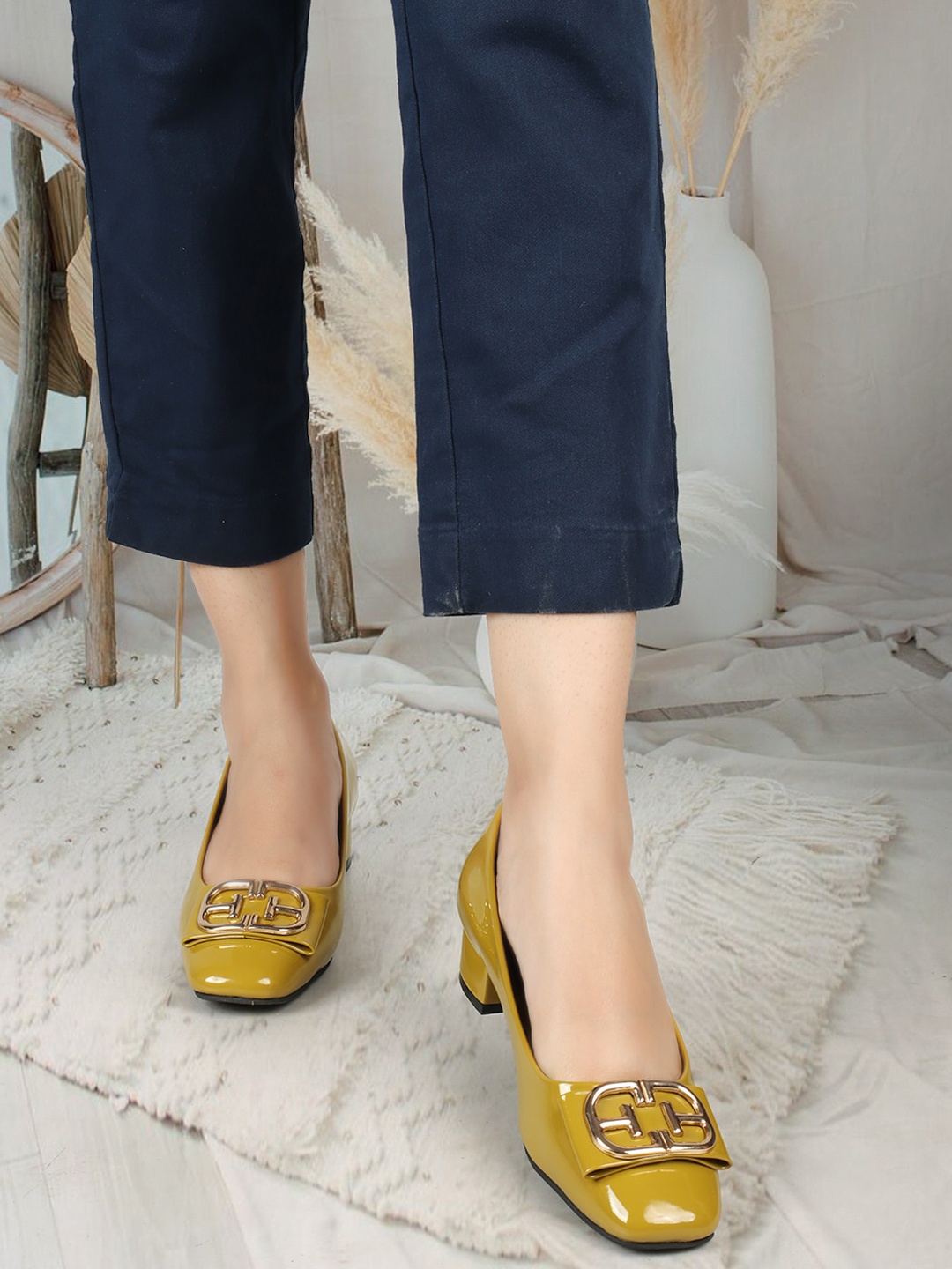 

ELLE Square Toe Embellished Block Pumps, Mustard