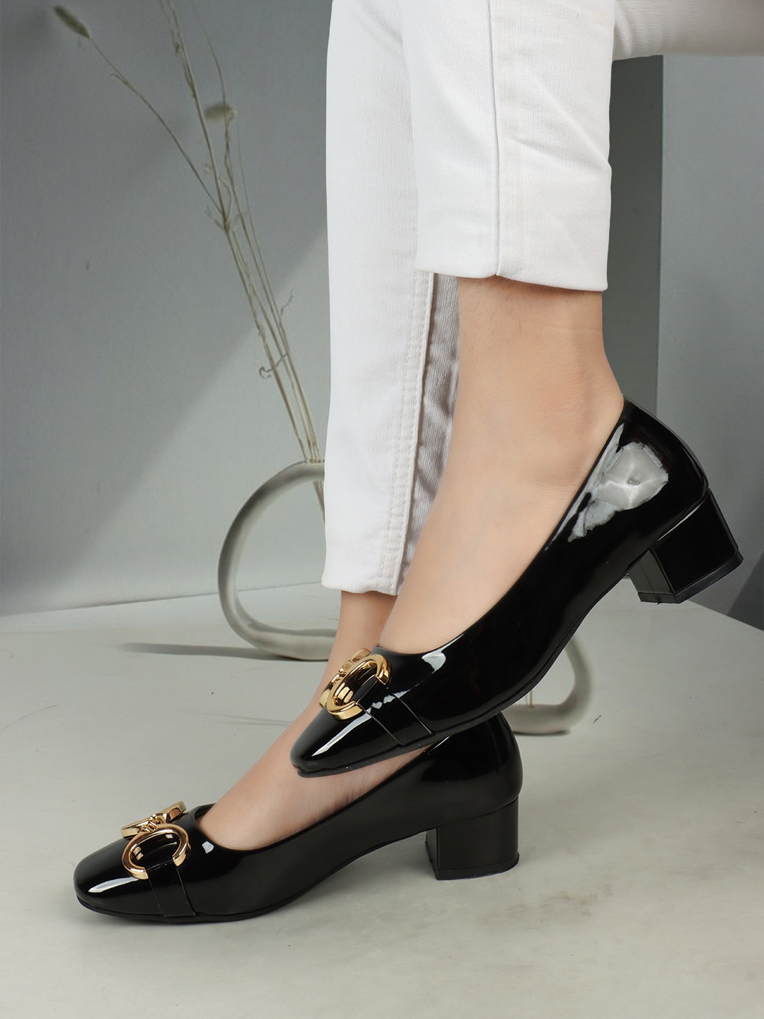 

ELLE Embellished Square Toe Block Pumps, Black