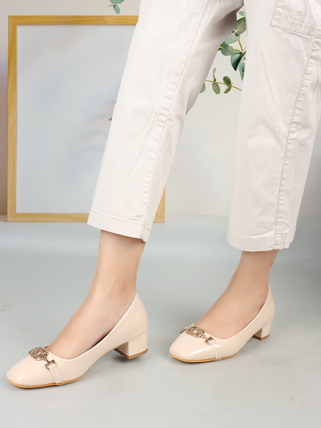 

ELLE Embellished Square Toe Block Pumps, Cream