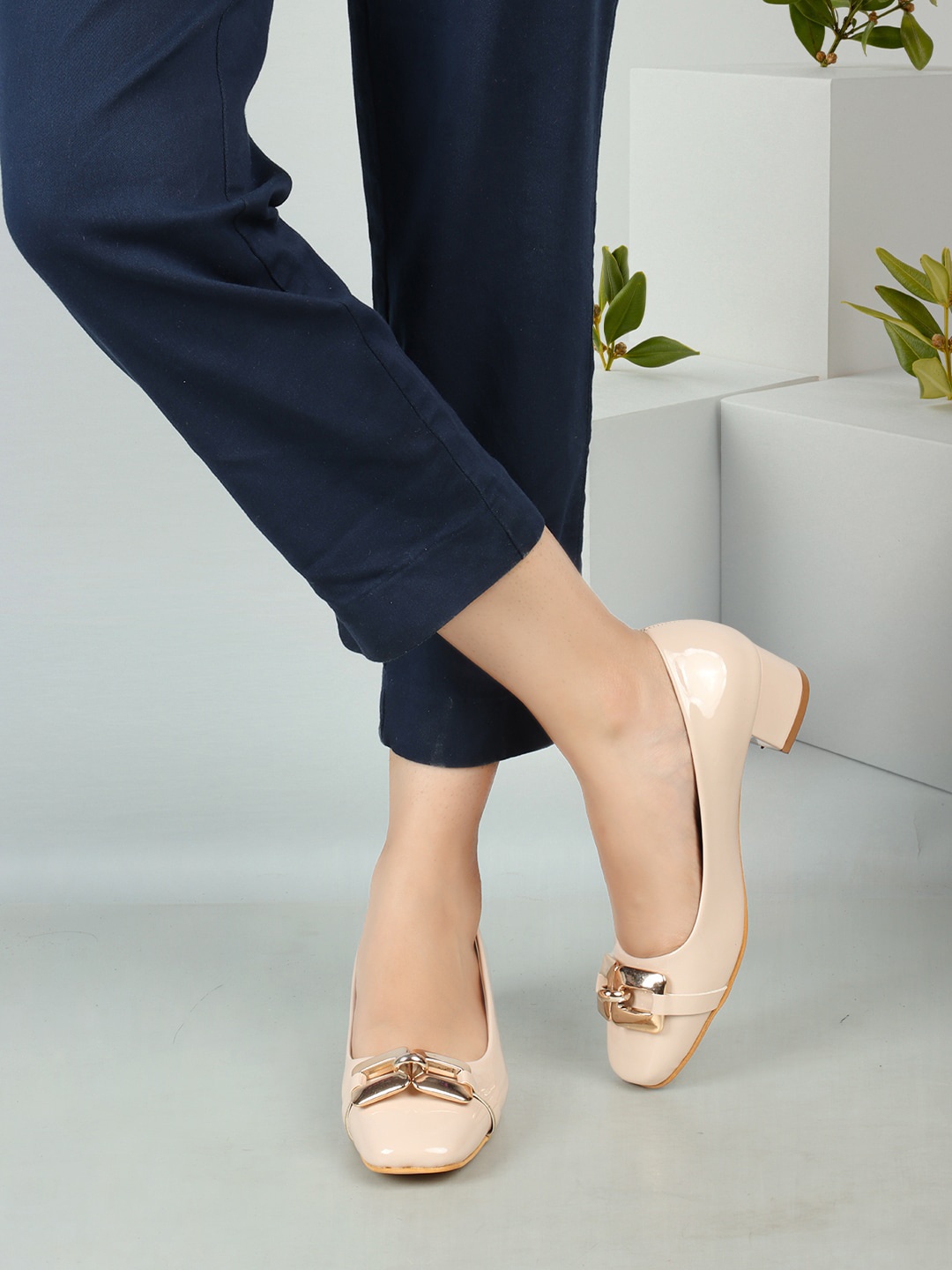 

ELLE Embellished Square Toe Block Pumps, Cream
