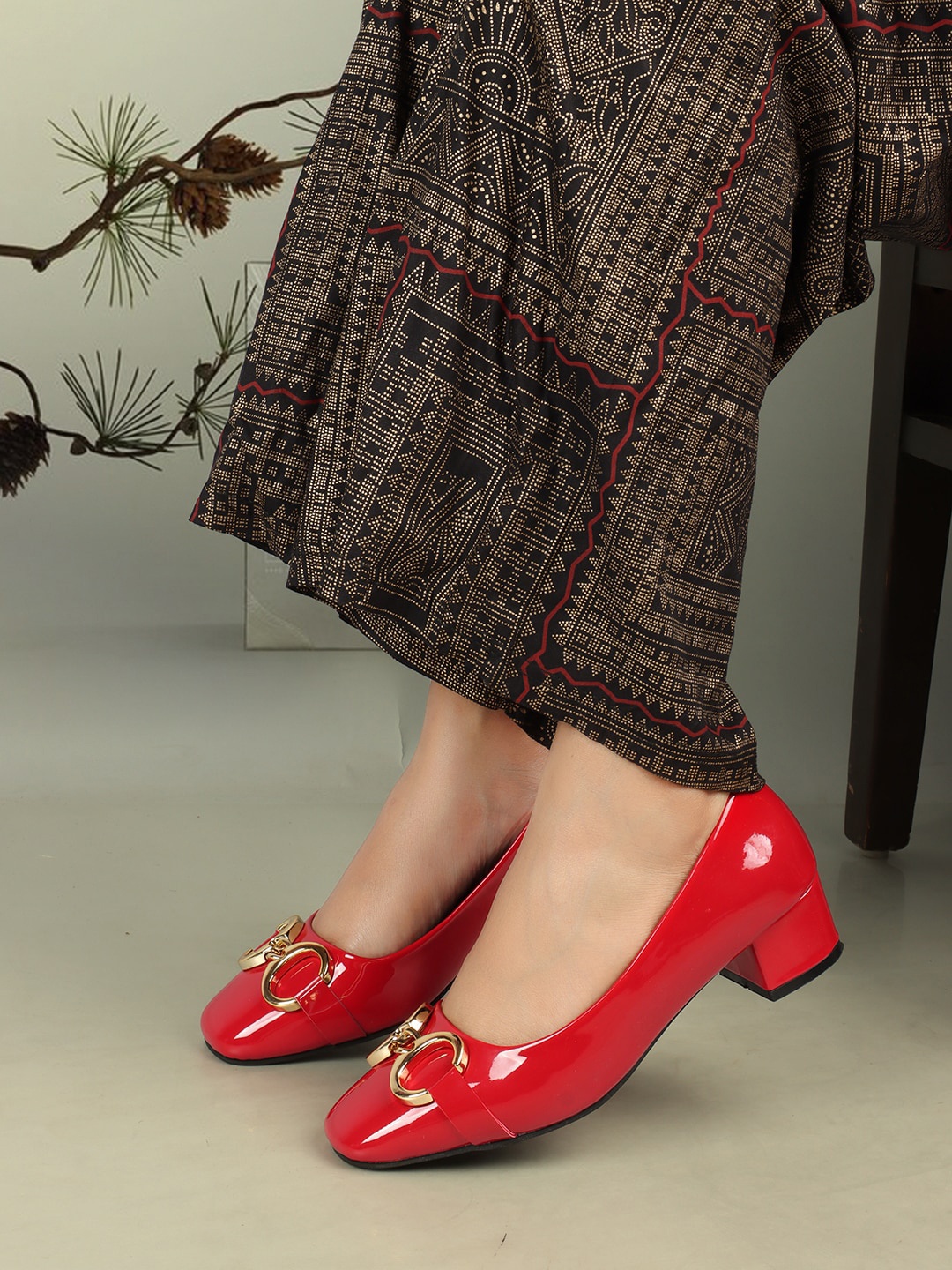 

ELLE Square Toe Embellished Block Pumps, Red