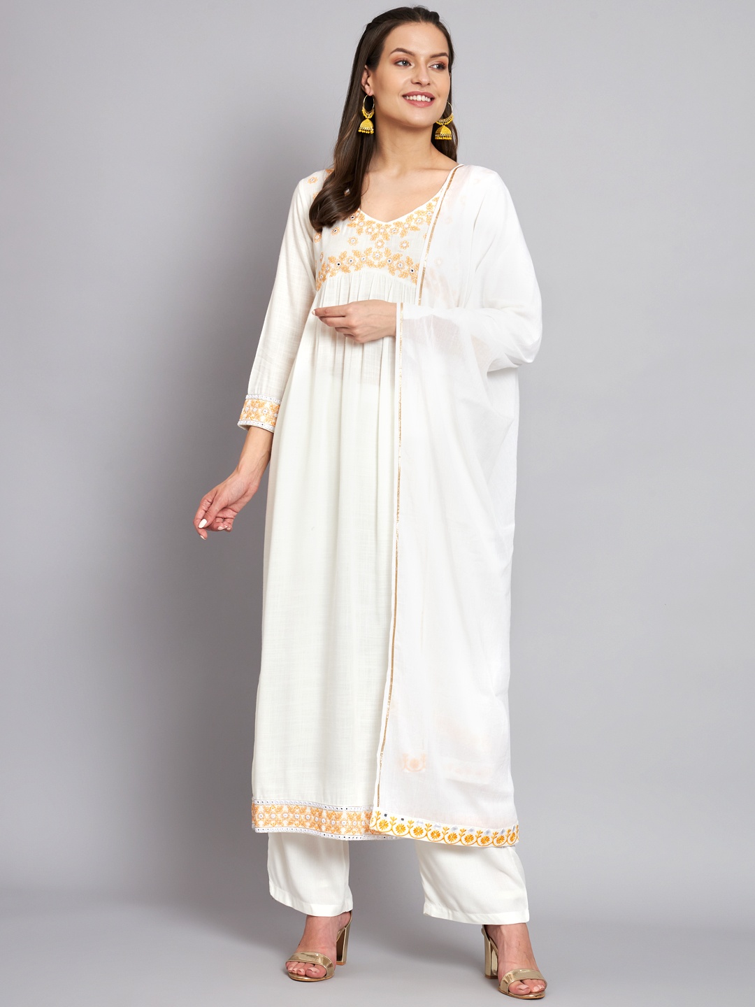 

KALINI V-Neck Thread Work Detail Empire Anarkali Kurta, White