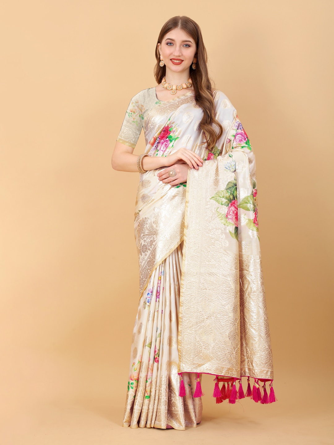 

JATRIQQ Floral Printed Zari Pure Silk Saree, Cream