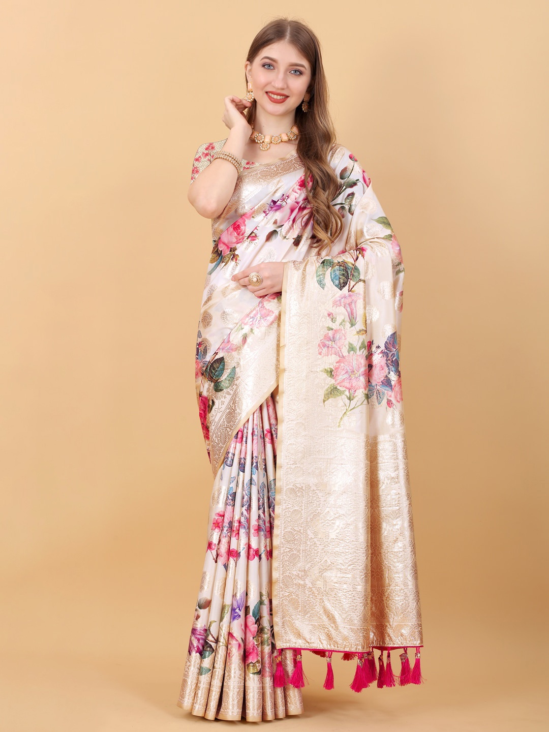 

JATRIQQ Floral Printed Zari Pure Silk Saree, Cream