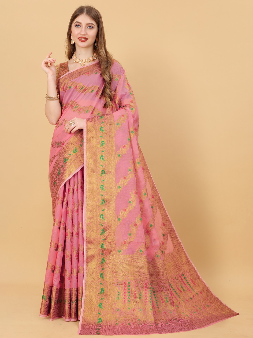 

JATRIQQ Ethnic Motifs Woven Design Zari Silk Cotton Saree, Pink