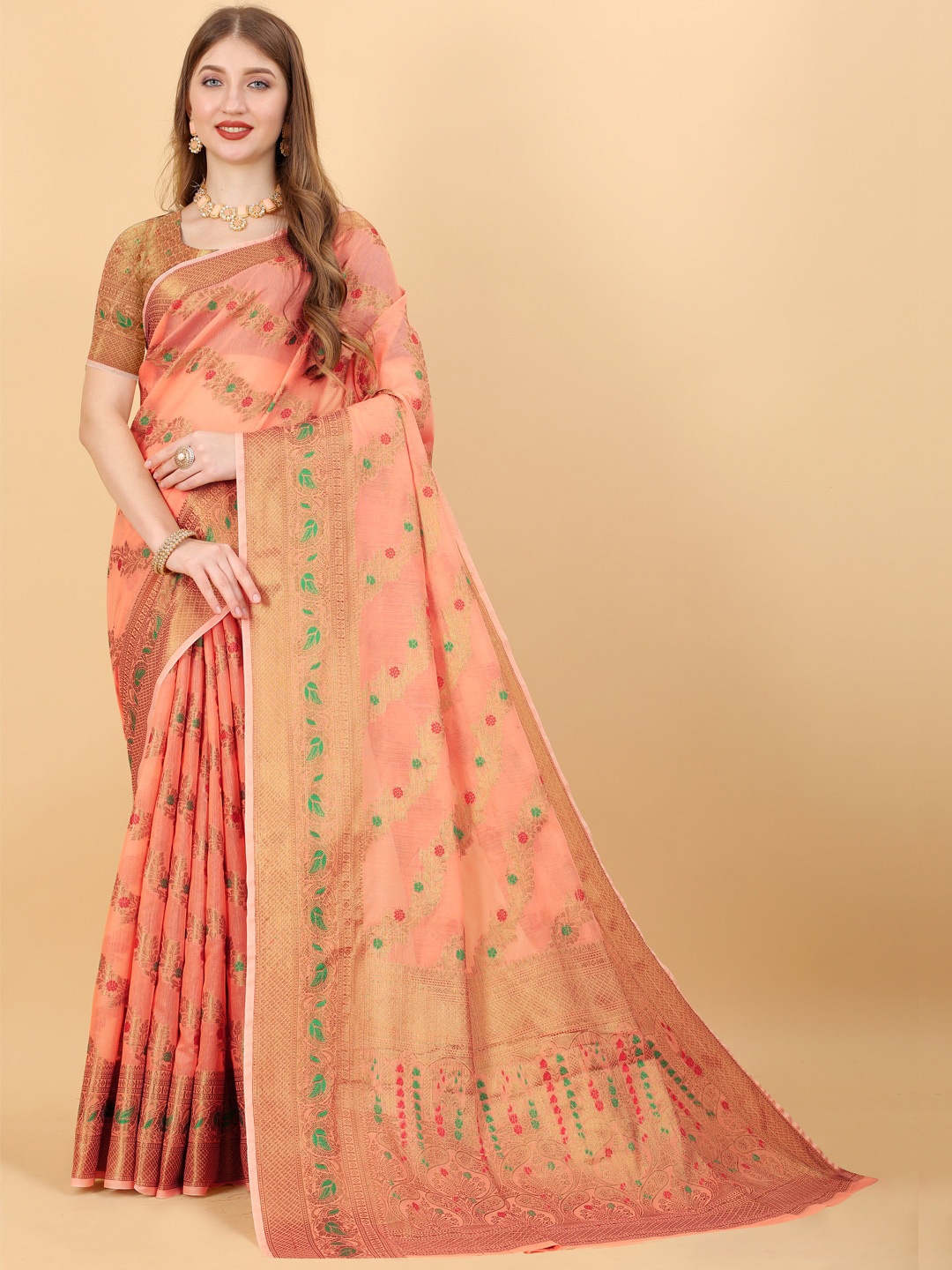 

JATRIQQ Floral Woven Design Zari Saree, Peach