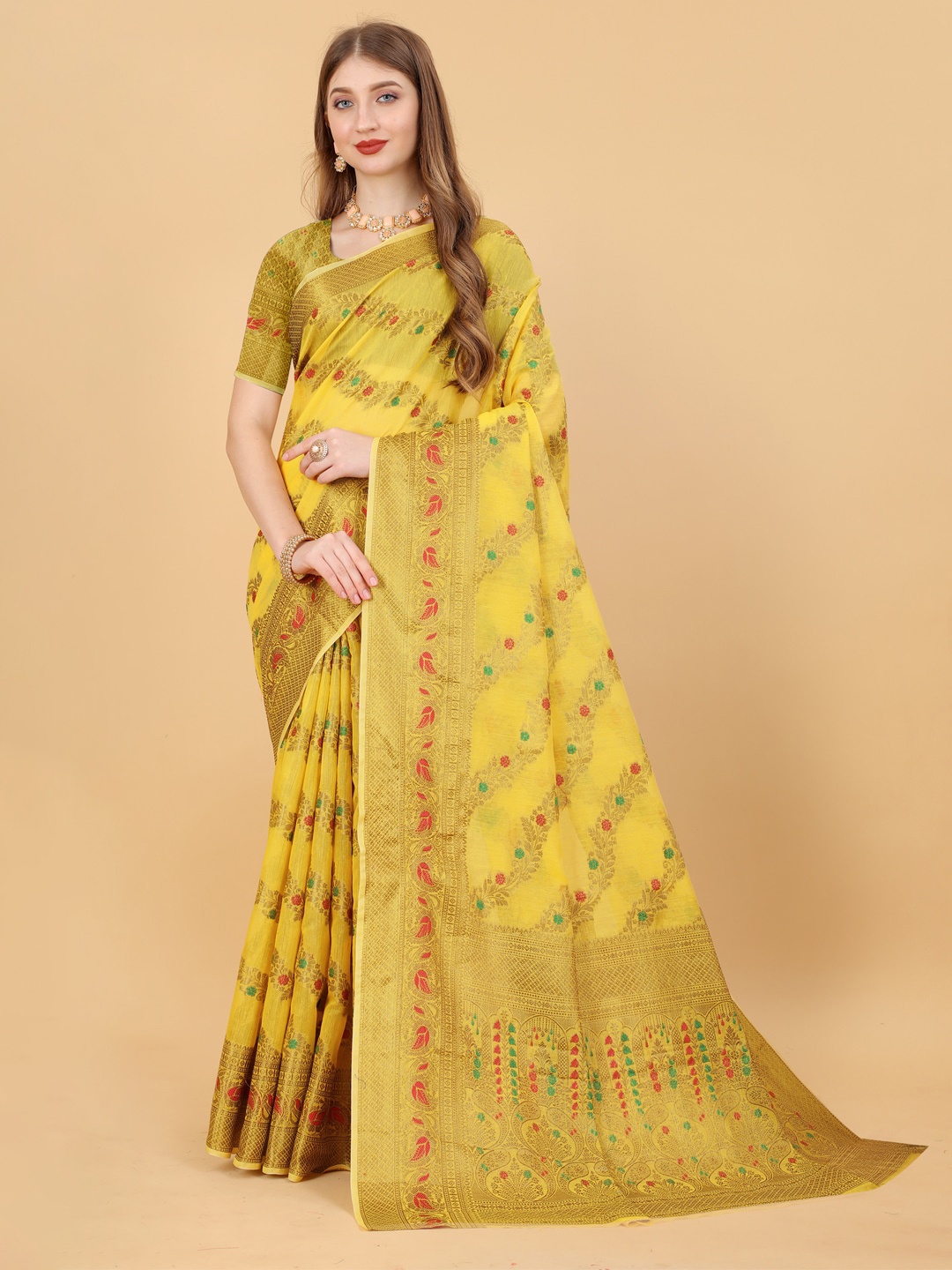 

JATRIQQ Ethnic Motifs Woven Design Zari Silk Cotton Saree, Yellow