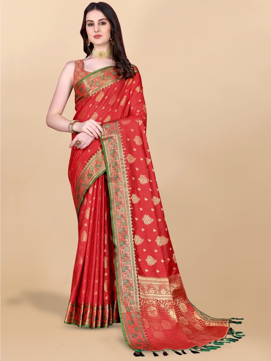 

JATRIQQ Ethnic Motifs Woven Design Zari Saree, Red