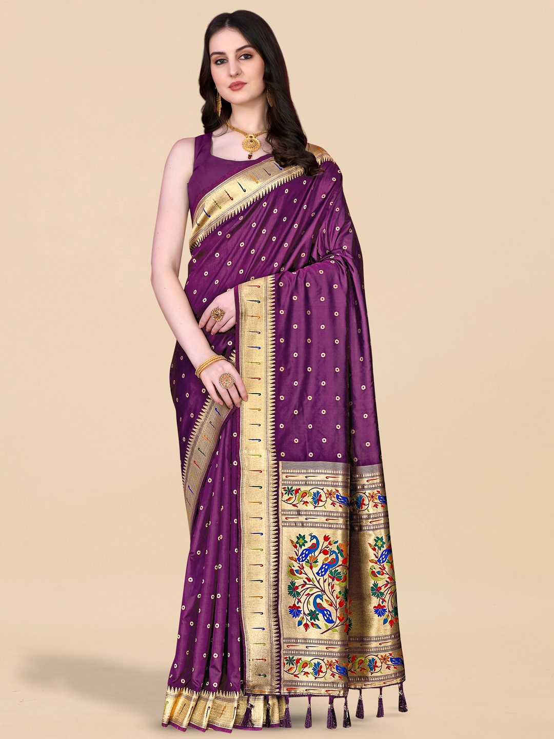

JATRIQQ Woven Design Zari Paithani Saree, Purple