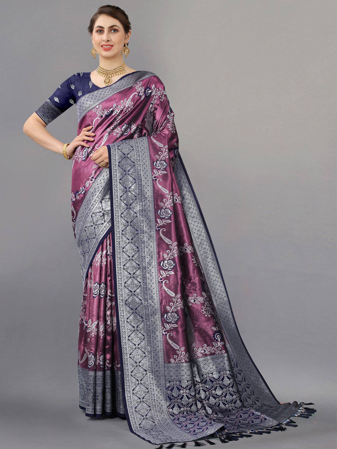 

JATRIQQ Ethnic Motifs Woven Design Zari Art Silk Kanjeevaram Saree, Purple