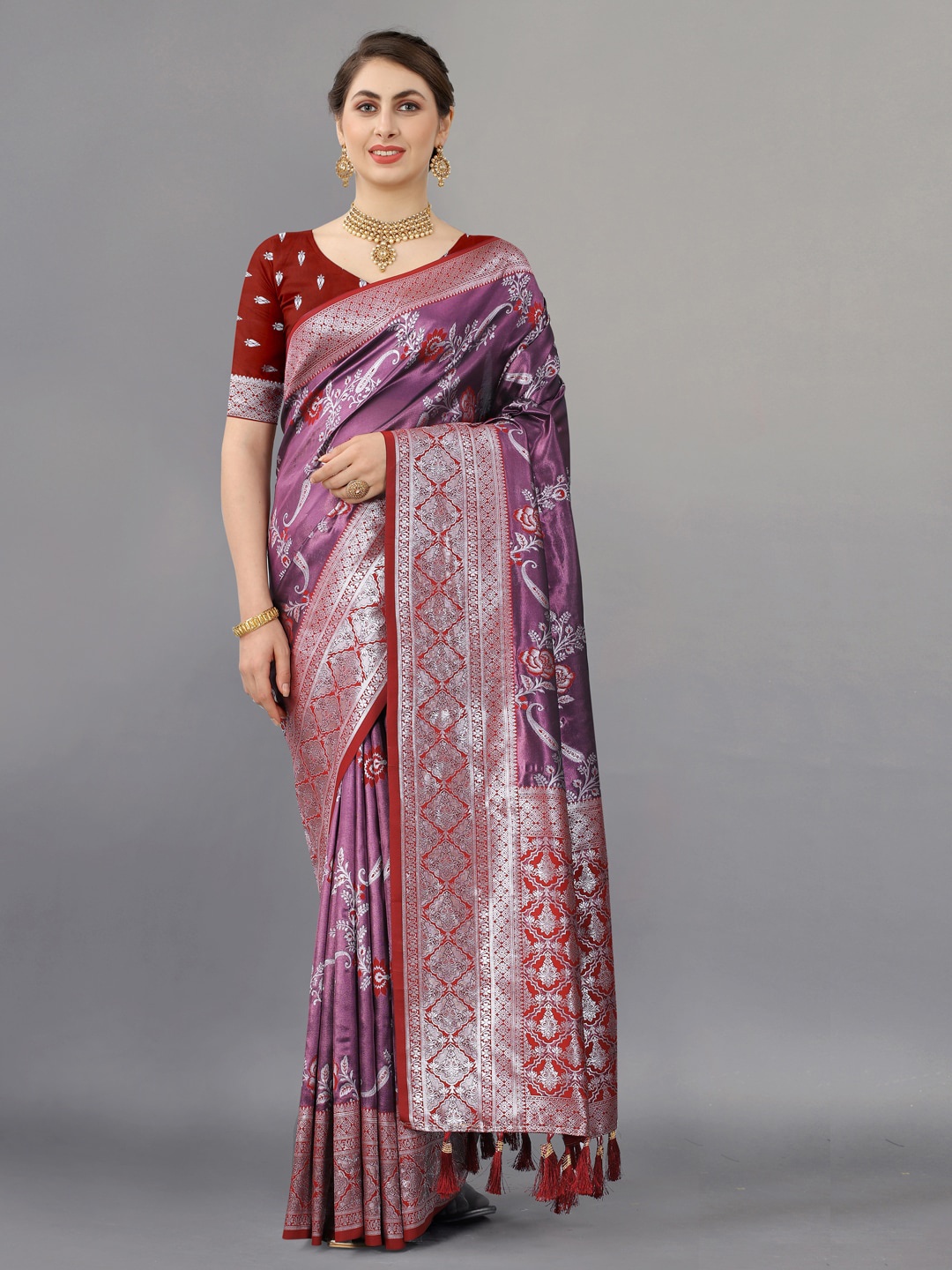 

JATRIQQ Paisley Ethnic Motifs Woven Design Zari Kanjeevaram Saree, Purple