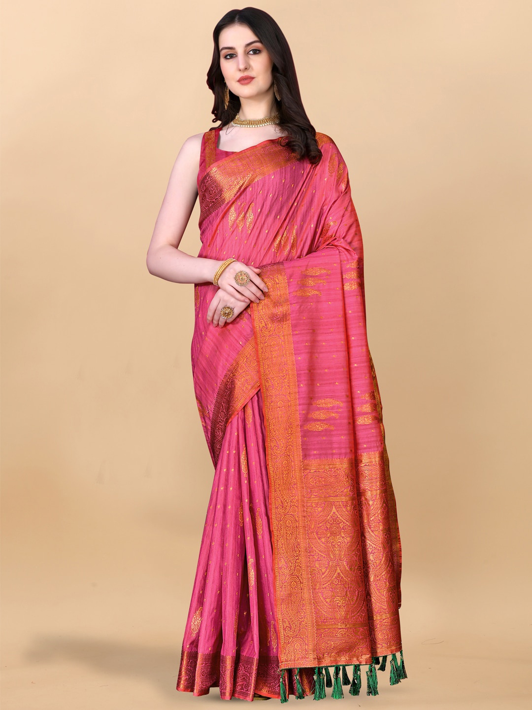 

JATRIQQ Paisley Ethnic Motifs Woven Design Zari Saree, Pink