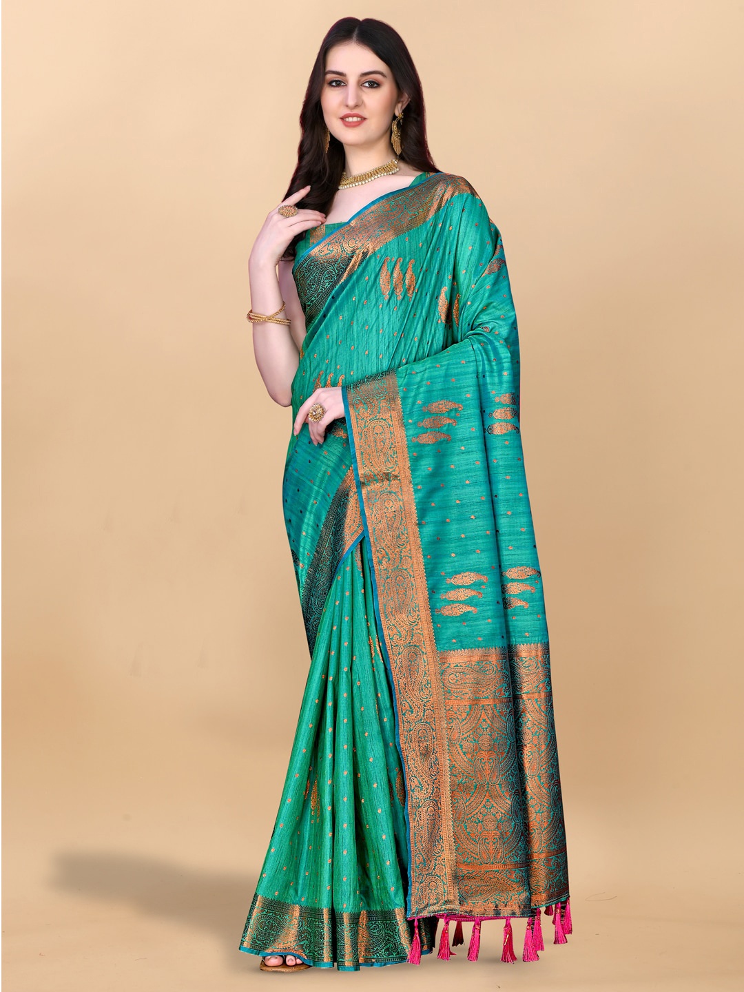 

JATRIQQ Paisley Ethnic Motifs Woven Design Zari Saree, Teal